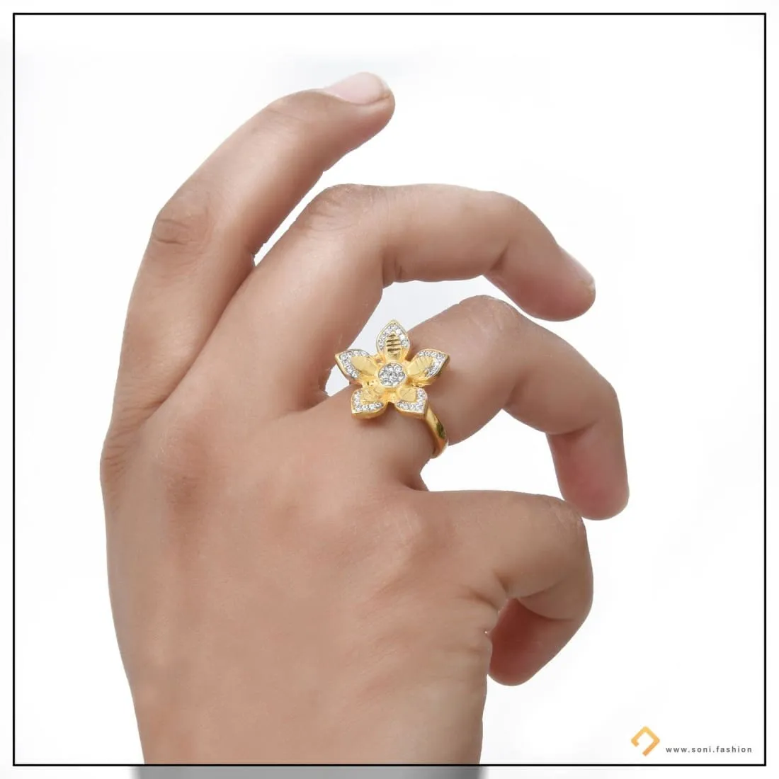 1 Gram Gold Plated Flower With Diamond Beautiful Design Ring For Women - Style Lrg-009