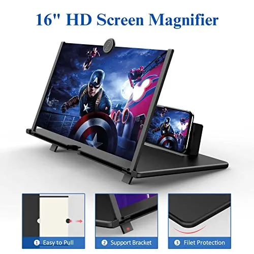 16" Screen Magnifier for Cell Phone -3D HD Magnifying Projector Screen Enlarger for Movies, Videos and Gaming - Foldable Phone Stand with Screen Amplifier-Compatible with All Smartphones (Black)