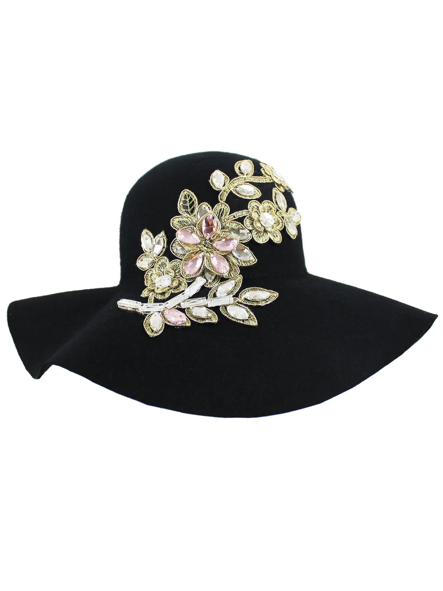 Black Wool Floppy Hat With Rhinestone Flower Embellishment