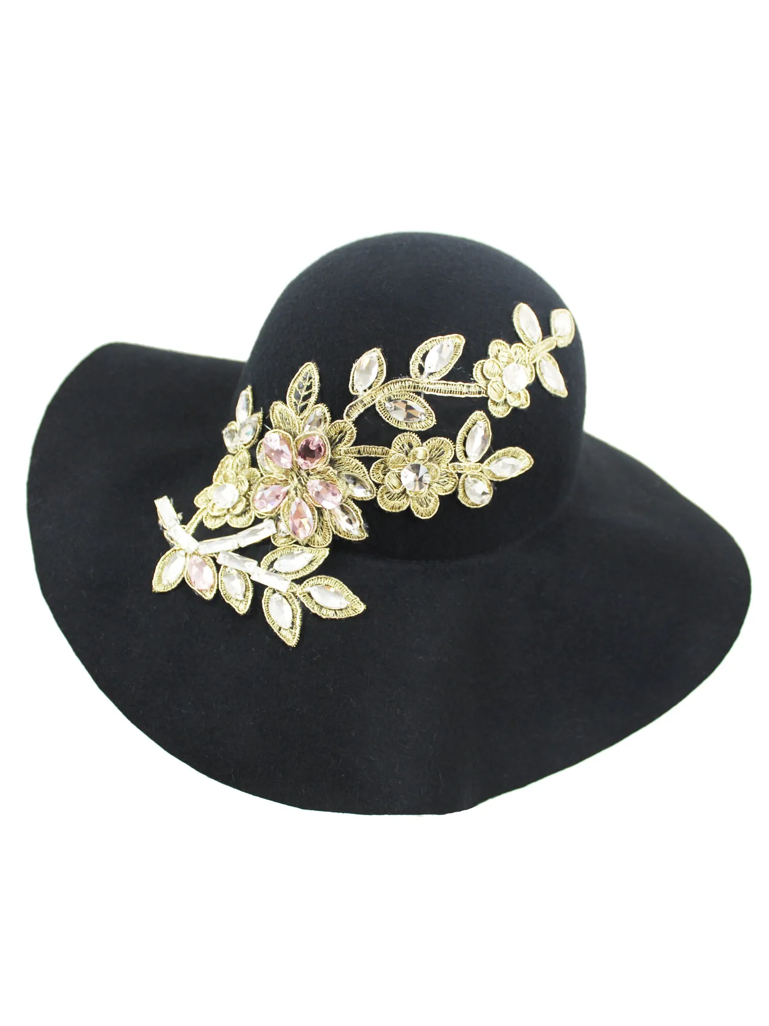 Black Wool Floppy Hat With Rhinestone Flower Embellishment