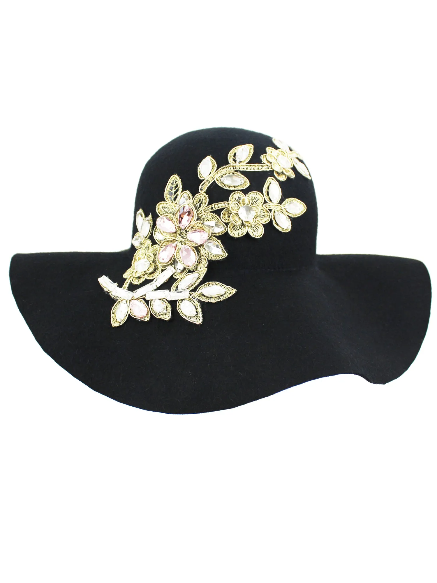 Black Wool Floppy Hat With Rhinestone Flower Embellishment