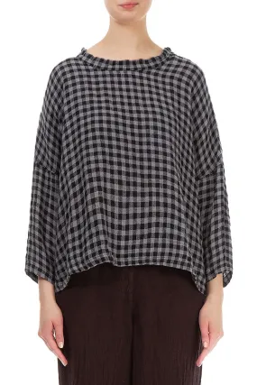 Boxy Grey Check Linen Blouse