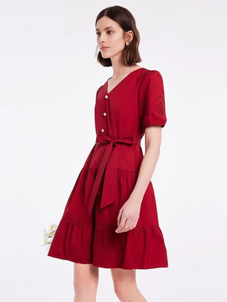 Chili Red Embroidered V-Neck Gathered Waist Mini Dress