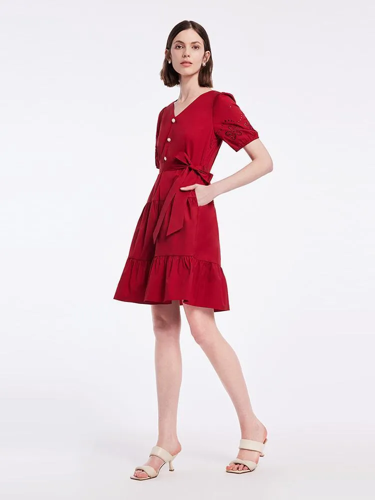 Chili Red Embroidered V-Neck Gathered Waist Mini Dress