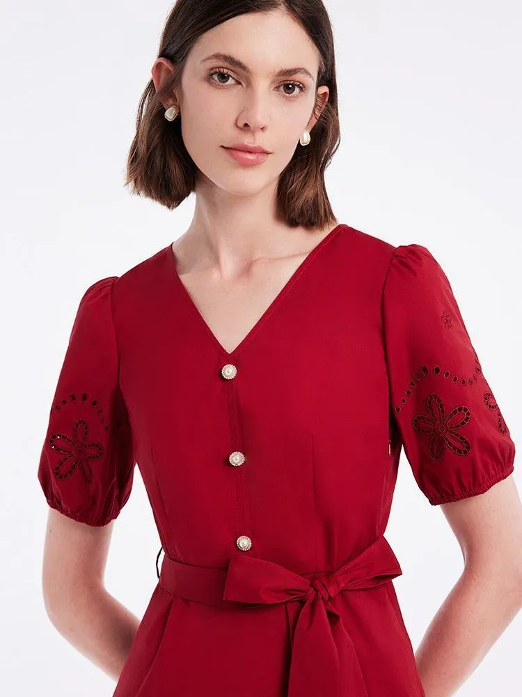 Chili Red Embroidered V-Neck Gathered Waist Mini Dress