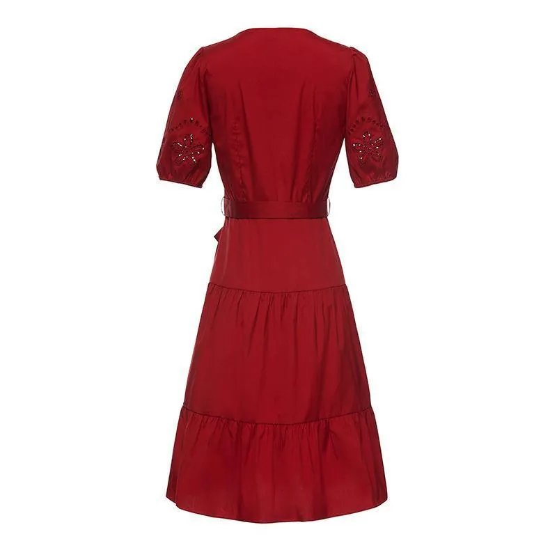 Chili Red Embroidered V-Neck Gathered Waist Mini Dress