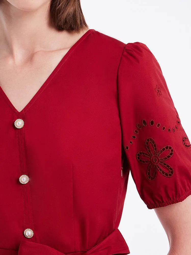 Chili Red Embroidered V-Neck Gathered Waist Mini Dress