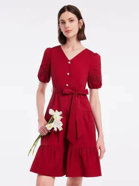 Chili Red Embroidered V-Neck Gathered Waist Mini Dress