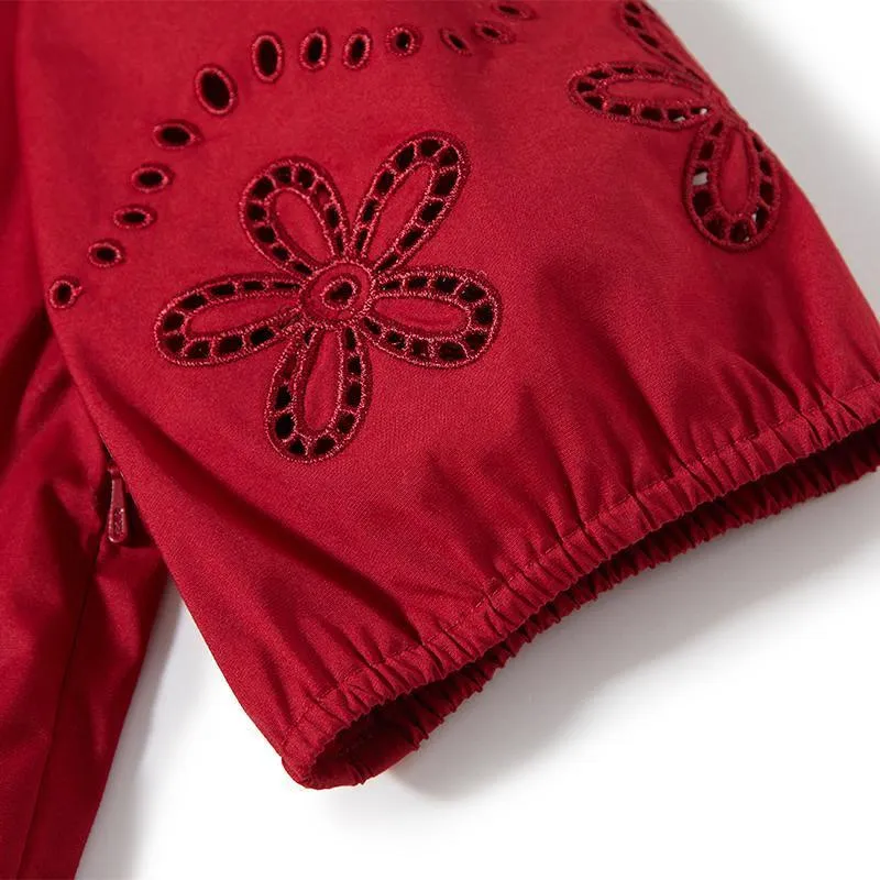 Chili Red Embroidered V-Neck Gathered Waist Mini Dress