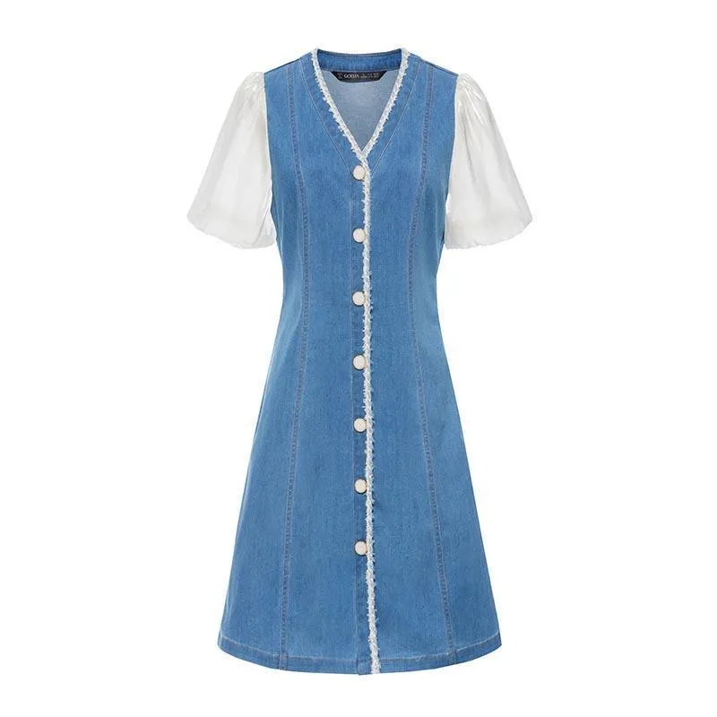 Denim Patchwork Tweed V-Neck Midi Dress