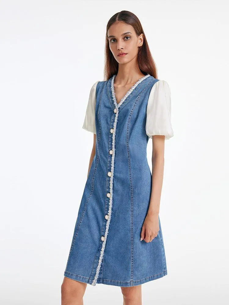 Denim Patchwork Tweed V-Neck Midi Dress