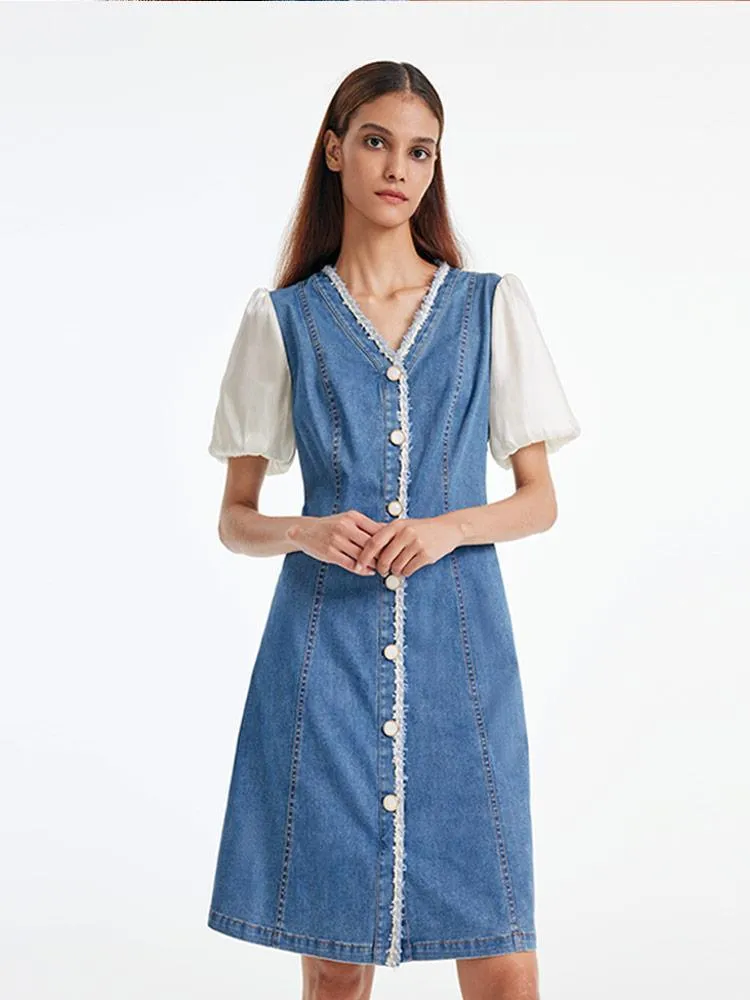 Denim Patchwork Tweed V-Neck Midi Dress