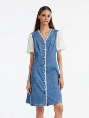 Denim Patchwork Tweed V-Neck Midi Dress