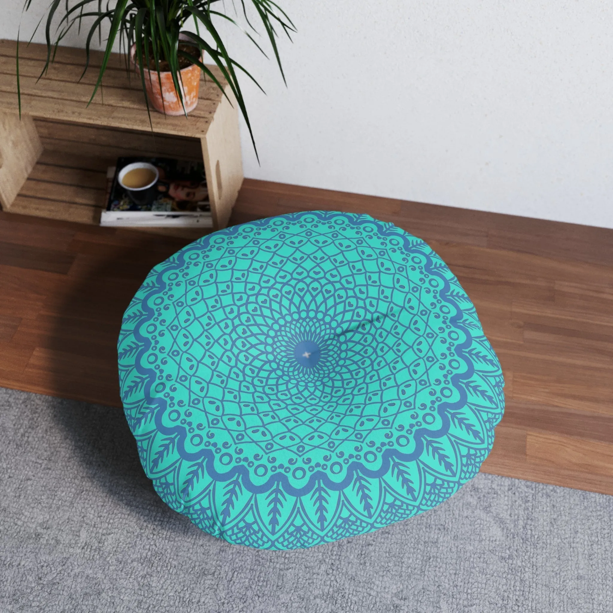 Handmade Mandala Art Floor Cushion - Steel Blue on Turquoise - Tufted