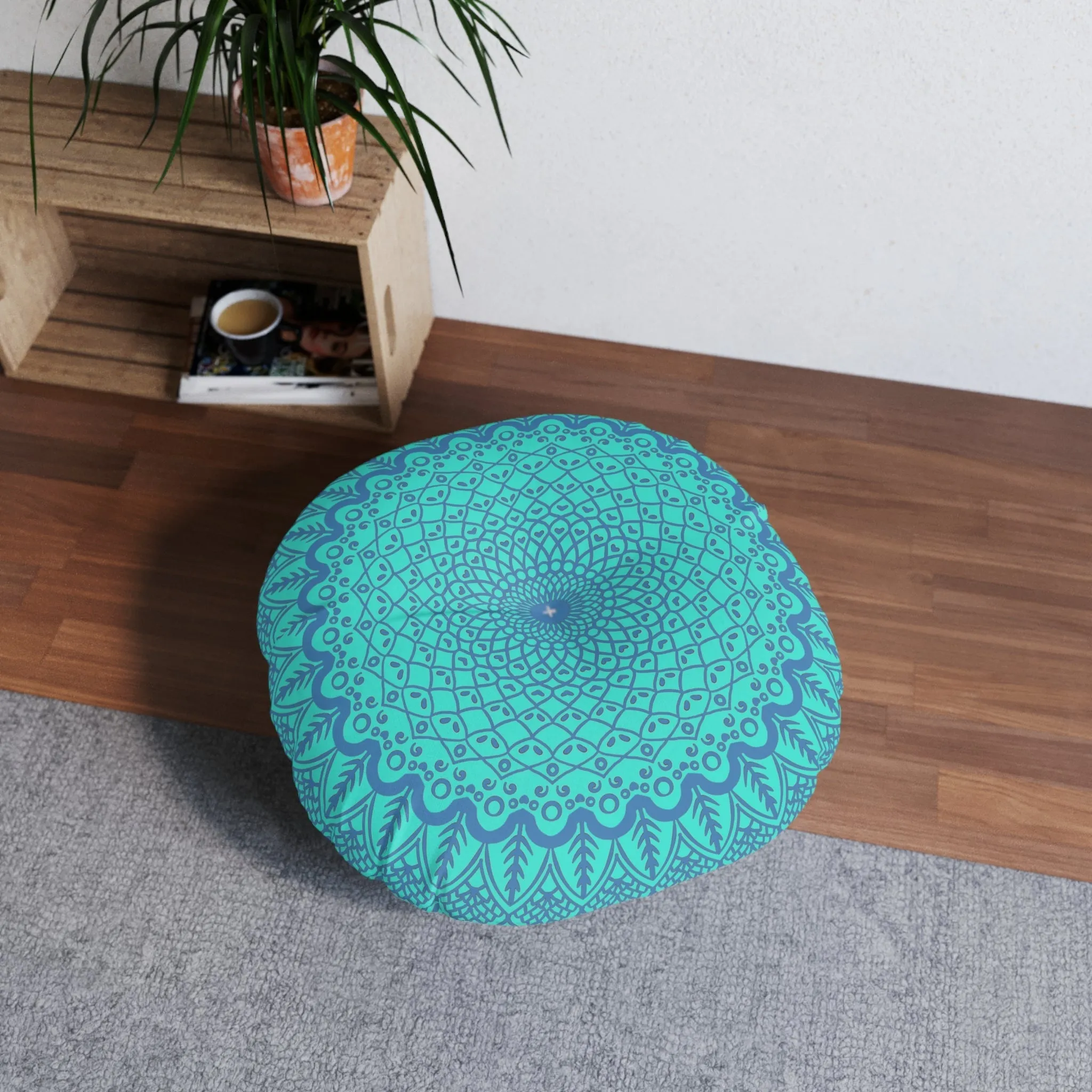 Handmade Mandala Art Floor Cushion - Steel Blue on Turquoise - Tufted