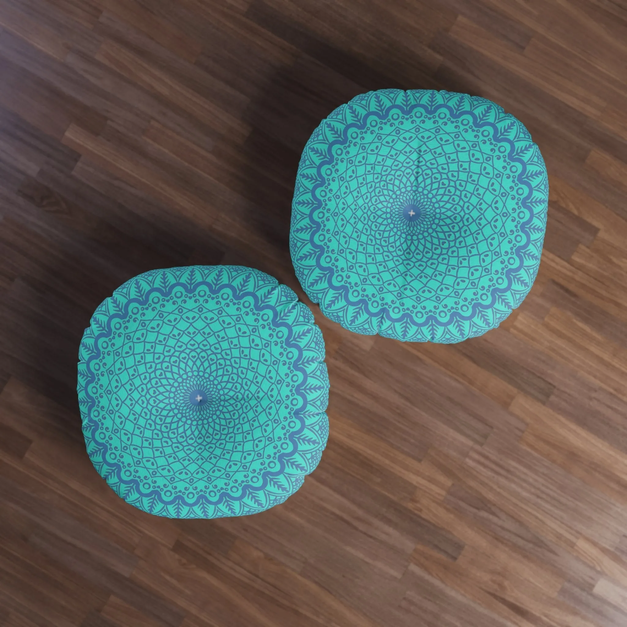 Handmade Mandala Art Floor Cushion - Steel Blue on Turquoise - Tufted