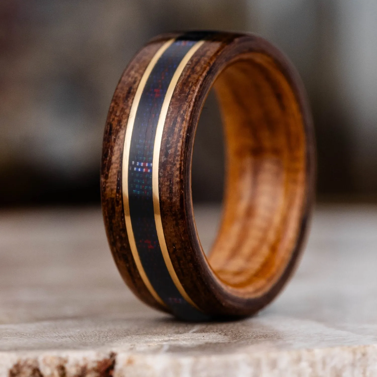 (In-Stock) Men's M1 Garand Wood Ring with Natural Whiskey Barrel, Scottish National Tartan & Dual Brass Inlays - Size 5.25 | 7mm Wide