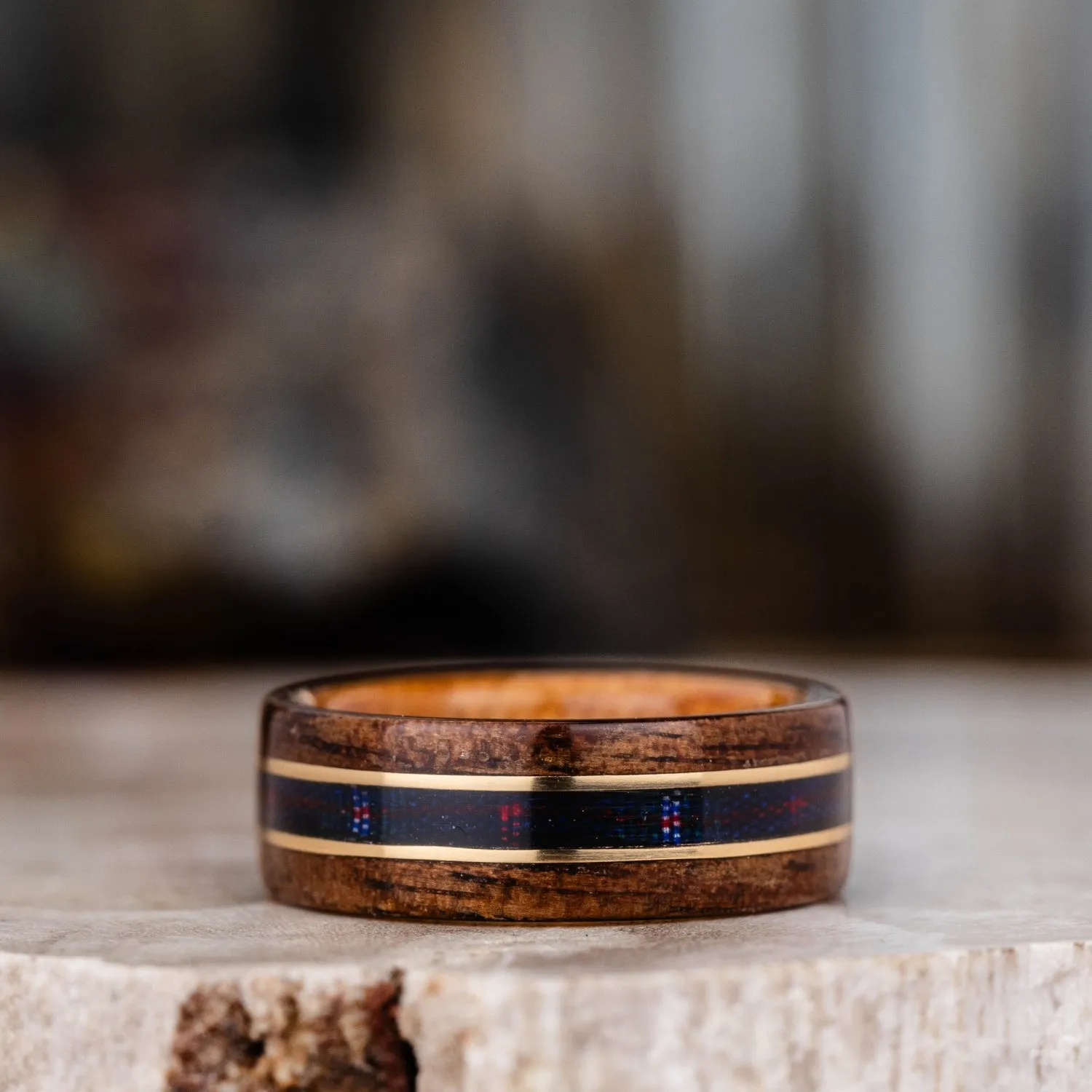 (In-Stock) Men's M1 Garand Wood Ring with Natural Whiskey Barrel, Scottish National Tartan & Dual Brass Inlays - Size 5.25 | 7mm Wide