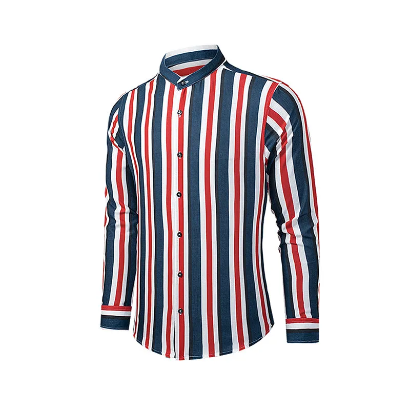 Mens Casual Cotton Striped Long Sleeve Linen Feel Shirts Band Collar Button Down Shirt |  MC255371-4019