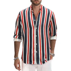 Mens Casual Cotton Striped Long Sleeve Linen Feel Shirts Band Collar Button Down Shirt |  MC255371-4019