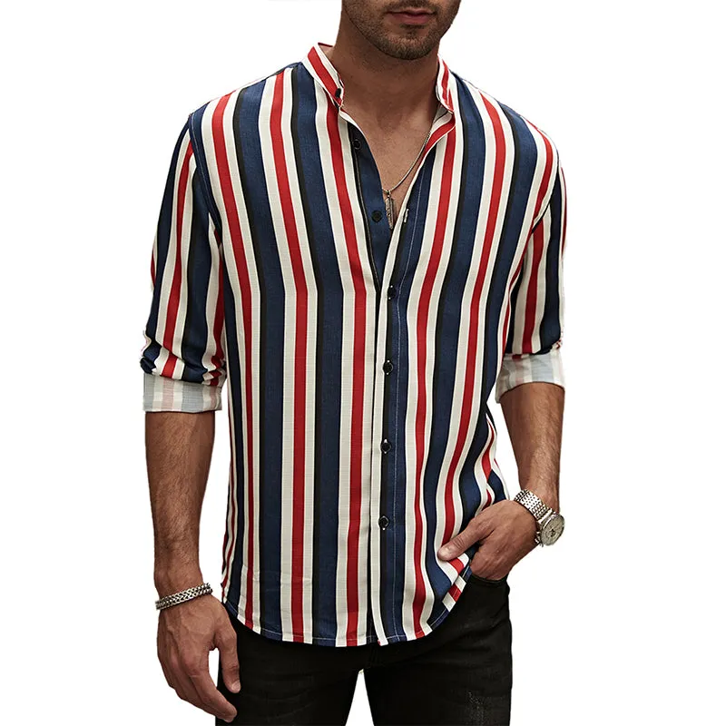 Mens Casual Cotton Striped Long Sleeve Linen Feel Shirts Band Collar Button Down Shirt |  MC255371-4019