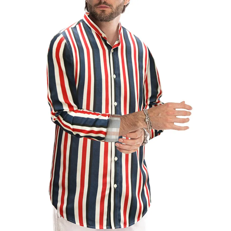 Mens Casual Cotton Striped Long Sleeve Linen Feel Shirts Band Collar Button Down Shirt |  MC255371-4019