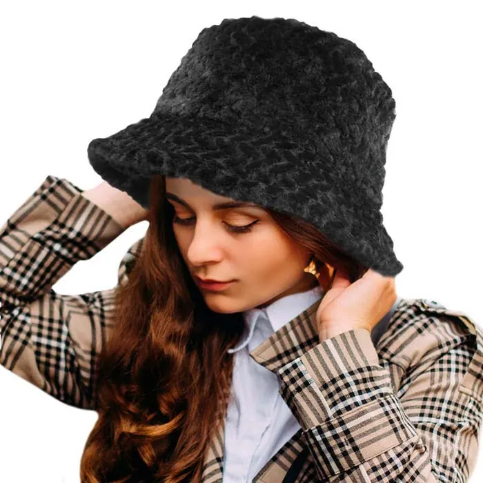 Patterned Faux Fur Solid Bucket Hat