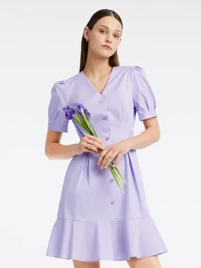 Purple Puff Sleeve Gathered Waist Mini Dress