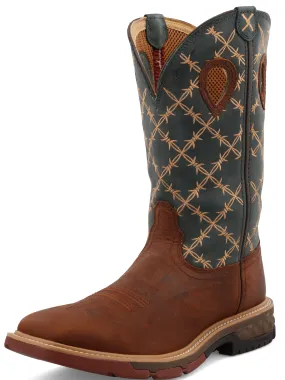 TWISTED X MEN'S (MXB0005) 12" SQUARE TOE WESTERN PULL-ON WORK BOOT- BROWN W/ TEAL TOP